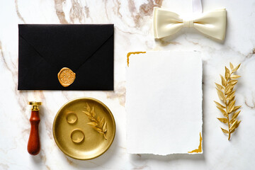 Luxury wedding stationery set. Flat lay blank paper wedding invitation card template, black...