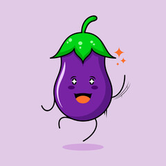 cute eggplant character with smile and happy expression, jump, one hand up, mouth open and sparkling eyes. green and purple. suitable for emoticon, logo, mascot and icon