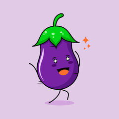 cute eggplant character with smile and happy expression, run, two hands up and sparkling eyes. green and purple. suitable for emoticon, logo, mascot and icon