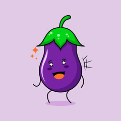 cute eggplant character with smile and happy expression, mouth open and sparkling eyes. green and purple. suitable for emoticon, logo, mascot and icon