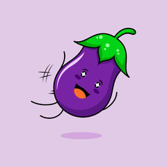 cute eggplant character with smile and happy expression, jump fly, mouth open and sparkling eyes. green and purple. suitable for emoticon, logo, mascot and icon