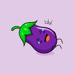 cute eggplant character with smile and happy expression, lie down, close eyes and tears. green and purple. suitable for emoticon, logo, mascot and icon