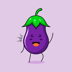 cute eggplant character with smile and happy expression, close eyes and one hand up. green and purple. suitable for emoticon, logo, mascot and icon