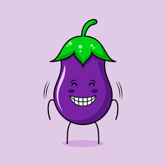 cute eggplant character with smile and happy expression, close eyes and smiling. green and purple. suitable for emoticon, logo, mascot and icon