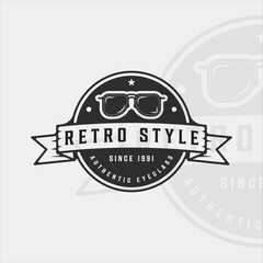 Obraz premium eyeglass logo vintage vector illustration template icon graphic design. eyeglasses with retro badge typography sign or symbol for optic business company