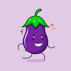 cute eggplant character with happy expression, sparkling eyes, run and smiling. green and purple. suitable for emoticon, logo, mascot and icon