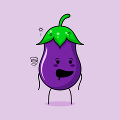 cute eggplant character with drunk expression and mouth open. green and purple. suitable for emoticon, logo, mascot and icon