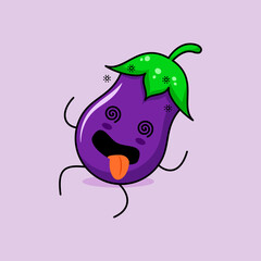 cute eggplant character with dizzy expression, rolling eyes, lie down and tongue sticking out. green and purple. suitable for emoticon, logo, mascot and icon