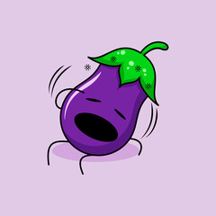 cute eggplant character with dizzy expression, mouth open, sit down and one hand on head. green and purple. suitable for emoticon, logo, mascot and icon