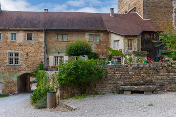 Fototapeta na wymiar Village of Baume-les-Messieurs in the Jura in France. Abbaye Saint-Pierre de Baume
