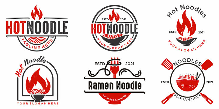 vintage hot noodle icon set logo design Noodles, bowl and fire vector