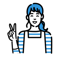笑顔でピースサインをしているエプロンをつけた主婦
