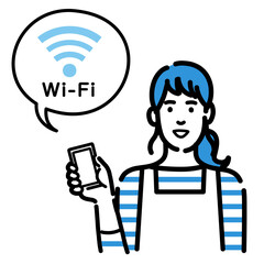 スマートフォンを持ってWi-Fiの説明をしているエプロンをつけた主婦
