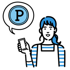 スマートフォンを持ってポイントの説明をしているエプロンをつけた主婦
