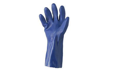 Photo of blue rubber gloves, usually used for industrial, chemical, and household work. This photo has a white background