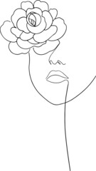 Women' faces in one line art style with flowers and leaves