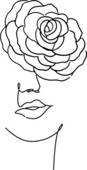 Women' faces in one line art style with flowers and leaves