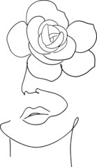 Women' faces in one line art style with flowers and leaves