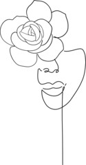 Women' faces in one line art style with flowers and leaves