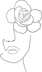 Women' faces in one line art style with flowers and leaves