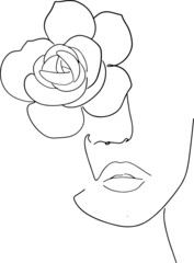 Women' faces in one line art style with flowers and leaves