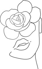 Women' faces in one line art style with flowers and leaves