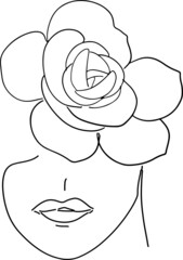 Women' faces in one line art style with flowers and leaves