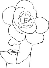 Women' faces in one line art style with flowers and leaves