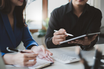 Business people meeting and analyst financial advisor preparing statistical report searching...