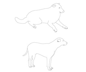 Adult dogs stand and females sleep. Black line drawing for coloring. white background and copy space