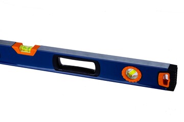 Blue building level on white isolated background is used in construction