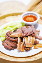grilled pork and pork offal with sauce