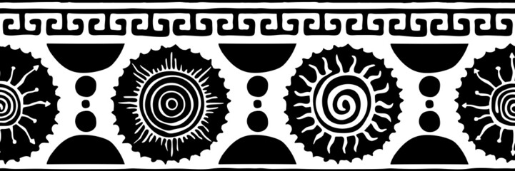 Ethnic background, sun symbols. Border, vector design. Seamless pattern.	

