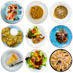 Collection of delicious restaurant and homemade dishes served on round plates isolated on white..