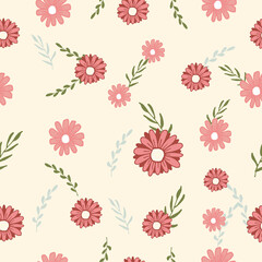 pink and red blooming flowers with green leaf illustration on pink background. hand drawn vector, seamless pattern. doodle art for wallpaper, wrapping paper and gift, fabric, textile, backdrop. 