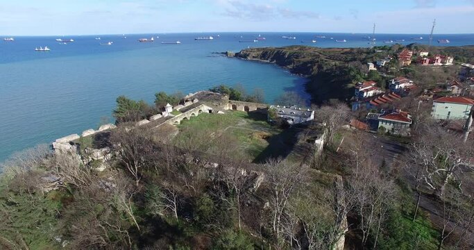 Amazing panoramic view from drone of beautiful istanbul harbour and ancient Kalesi castle in istanbul province in Turkey