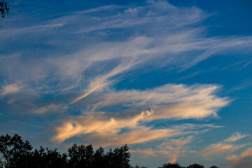 White cirrus clouds on a blue sky background