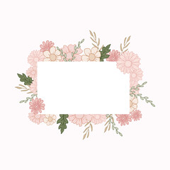 nature frame, border. beautiful blooming flower with leaf illustration. rectangle blank space template for text. hand drawn vector. doodle art for wallpaper, greeting and invitation card, postcard. 