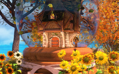 Old house in a beautiful fairy tale glass bead_3d rendering