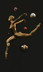 3d render image, luxury gold woman figure statue nice and elegant dance pose