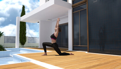 Fototapeta na wymiar Portrait of young woman (fitness, yoga, healthy body) at the swimming pool. Freedom Concept. Outdoors. Yoga and mindfulness healthy lifestyle_3d rendering