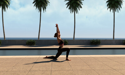 Portrait of young woman (fitness, yoga, healthy body) at the swimming pool. Freedom Concept. Outdoors. Yoga and mindfulness healthy lifestyle_3d rendering