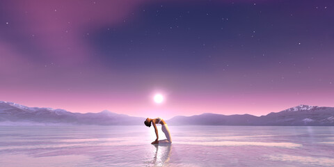 Beautiful aurora universe with milky way, and meditating woman in yoga pose_3d rendering image