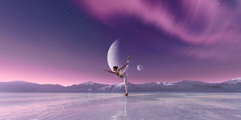 Beautiful aurora universe with milky way, and meditating woman in yoga pose_3d rendering image
