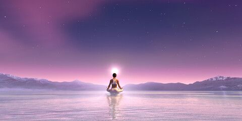 Beautiful aurora universe with milky way, and meditating woman in yoga pose_3d rendering image