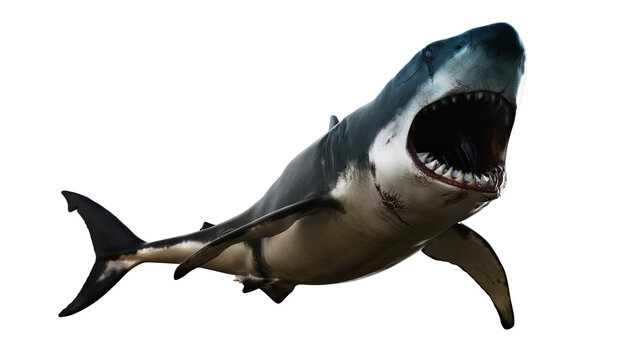 Giant white shark with huge body of water, 3d render concept image with mouth open to the side