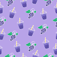 grape fruit with cup of grape boba flavor illustration on lilac background. hand drawn vector, seamless pattern. doodle art for wallpaper, wrapping paper and gift, backdrop, fabric, textile, scrapbook