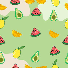set of fruit icon. avocado, watermelon, lemon and orange fruits illustration on green background. hand drawn vector, seamless pattern. doodle art for wallpaper, wrapping paper and gift, textile,fabric