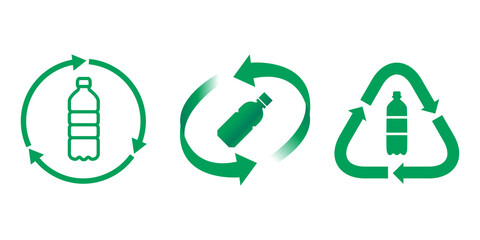 リサイクル, ペットボトル, プラスチックのグリーン緑色のアイコンベクターデザインイラストセット素材