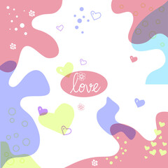 love-hand drawn lettering with flower and heart illustration. abstract pattern with colorful wave shape. romantic and elegant. doodle art for wallpaper, greeting and invitation card, postcard, cover. 